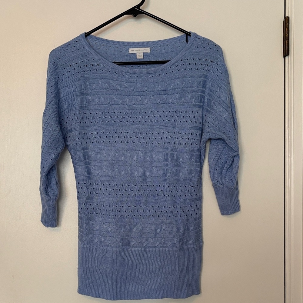 New York & Company Light Blue Openwork Crewneck Sweater